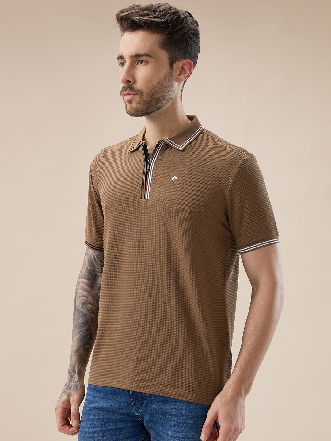 Men's Solid Textured Half Sleeves Polo Tshirt With Haf zipper and tipping Details