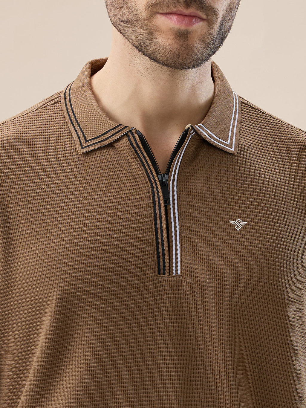 Men's Solid Textured Half Sleeves Polo Tshirt With Haf zipper and tipping Details
