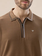 Men's Solid Textured Half Sleeves Polo Tshirt With Haf zipper and tipping Details