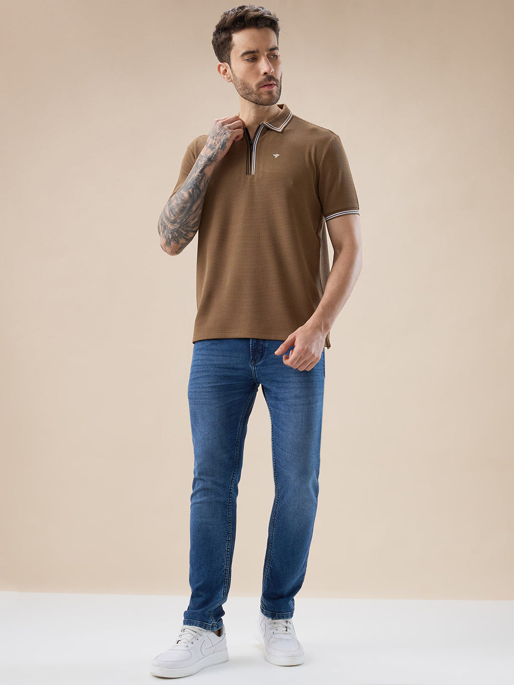 Men's Solid Textured Half Sleeves Polo Tshirt With Haf zipper and tipping Details