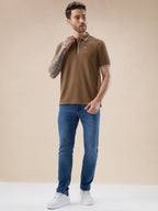 Men's Solid Textured Half Sleeves Polo Tshirt With Haf zipper and tipping Details