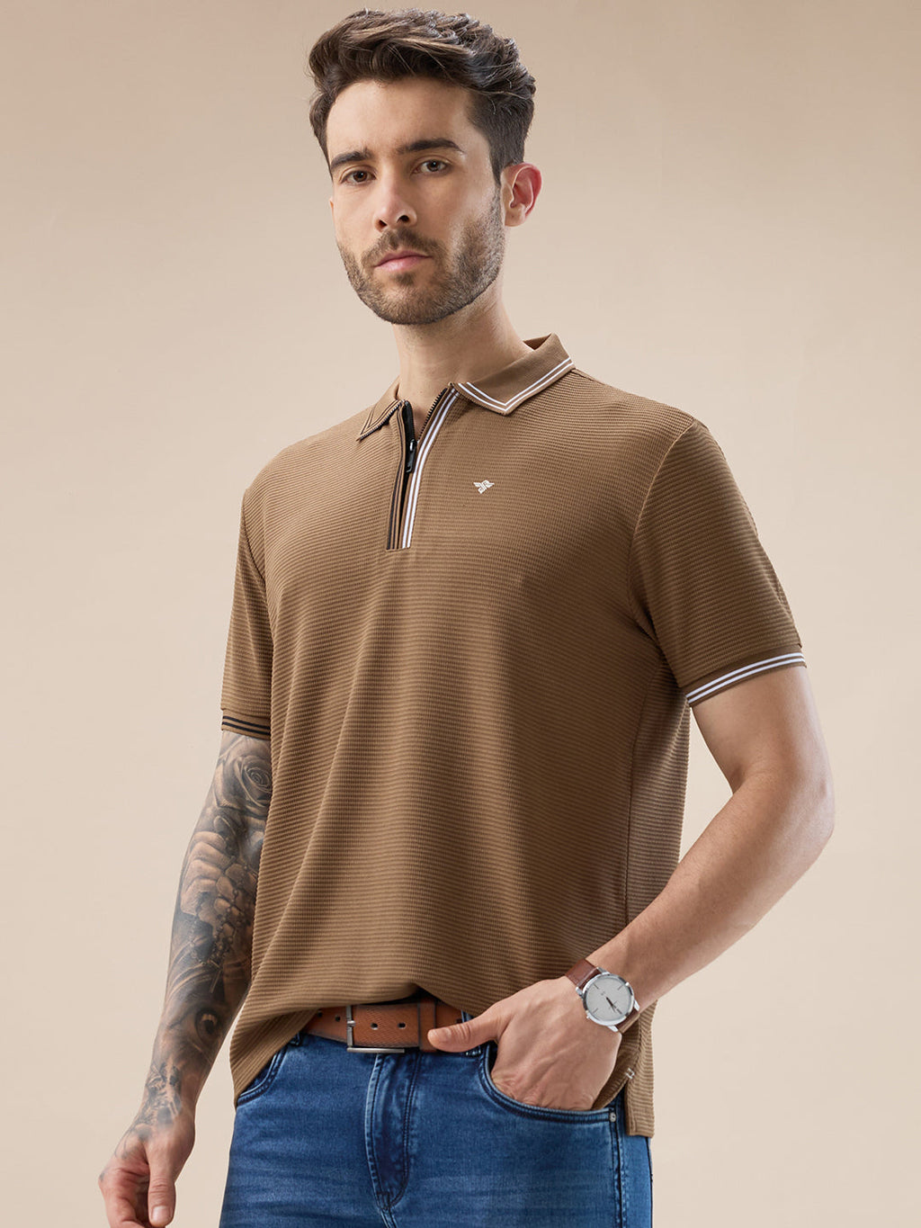 Men's Solid Textured Half Sleeves Polo Tshirt With Haf zipper and tipping Details