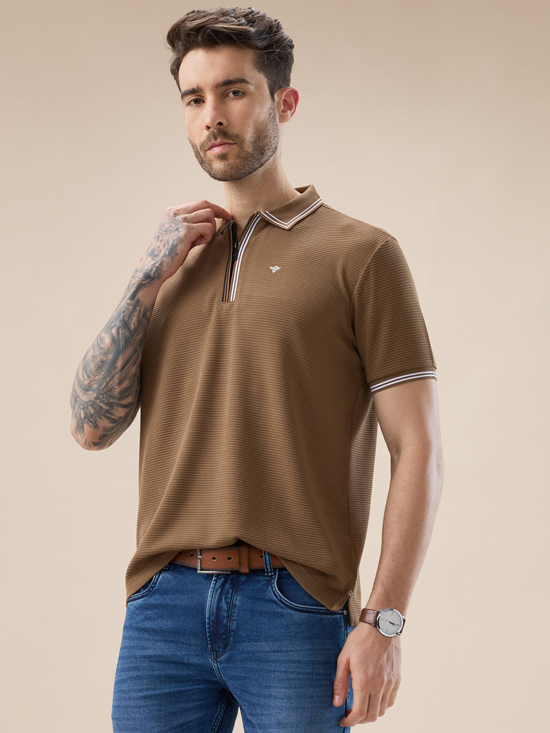 Men's Solid Textured Half Sleeves Polo Tshirt With Haf zipper and tipping Details