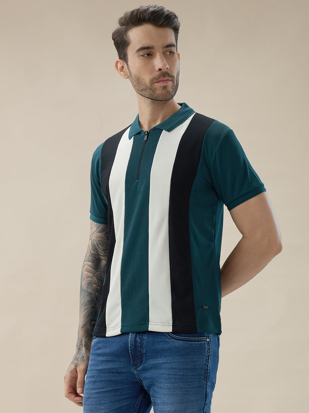 Men's Striped Regular Fit Half Sleeves Polo T-Shirt With Half-Zip Placket Secondary image
