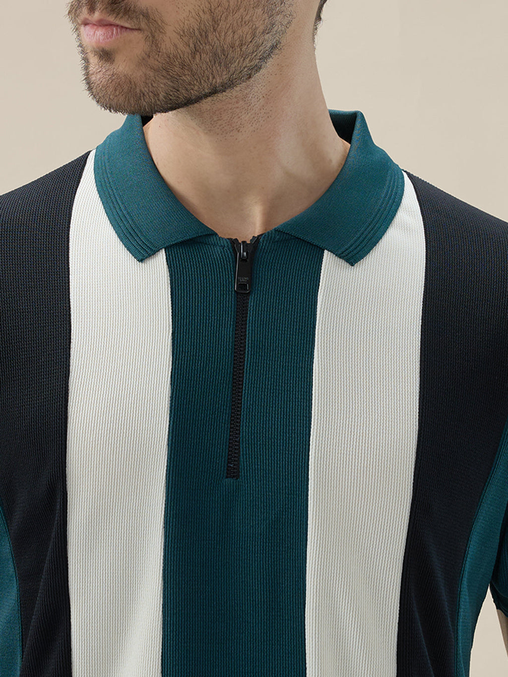 Men's Striped Regular Fit Half Sleeves Polo T-Shirt With Half-Zip Placket