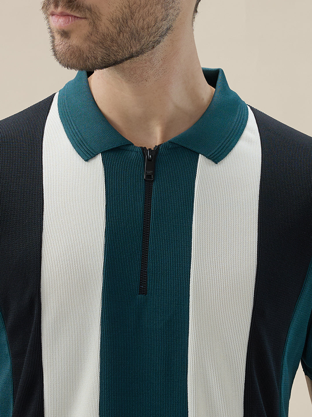 Men's Striped Regular Fit Half Sleeves Polo T-Shirt With Half-Zip Placket