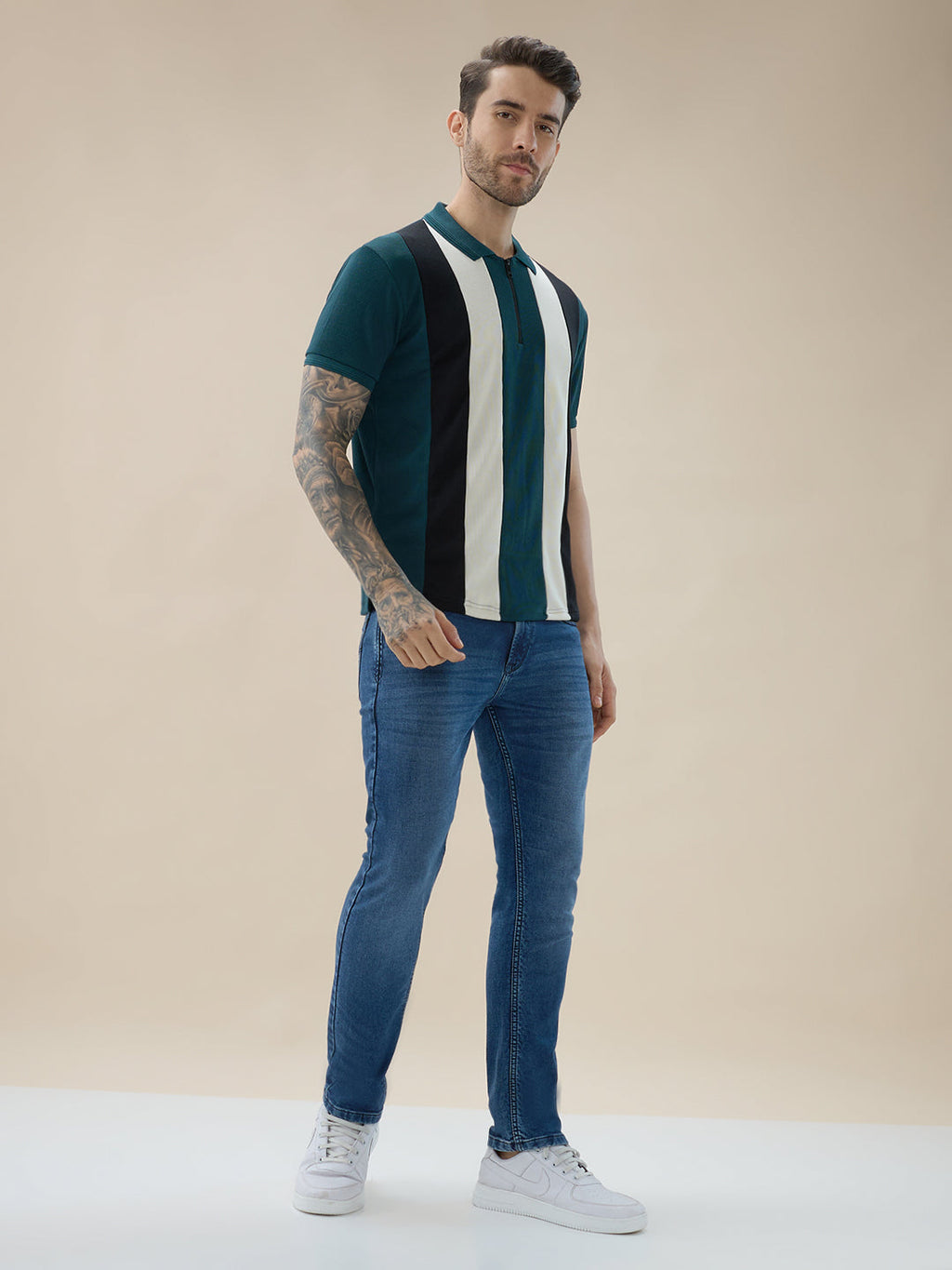 Men's Striped Regular Fit Half Sleeves Polo T-Shirt With Half-Zip Placket