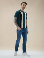 Men's Striped Regular Fit Half Sleeves Polo T-Shirt With Half-Zip Placket