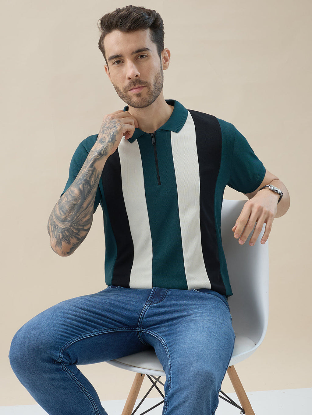 Men's Striped Regular Fit Half Sleeves Polo T-Shirt With Half-Zip Placket