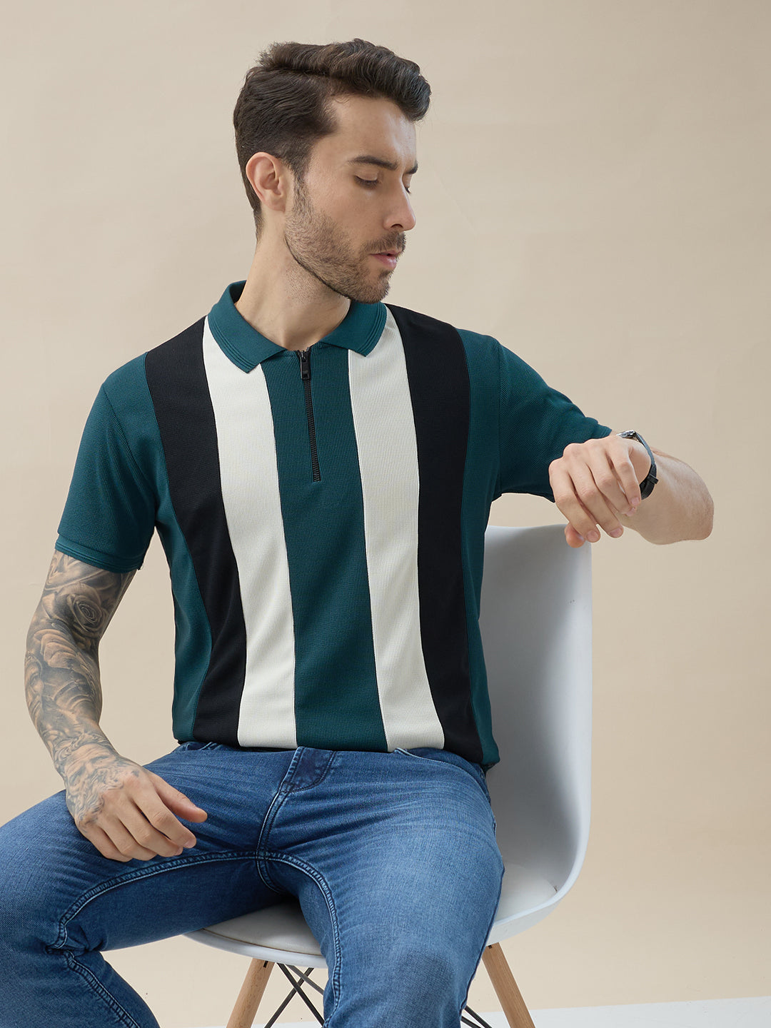 Men's Striped Regular Fit Half Sleeves Polo T-Shirt With Half-Zip Placket