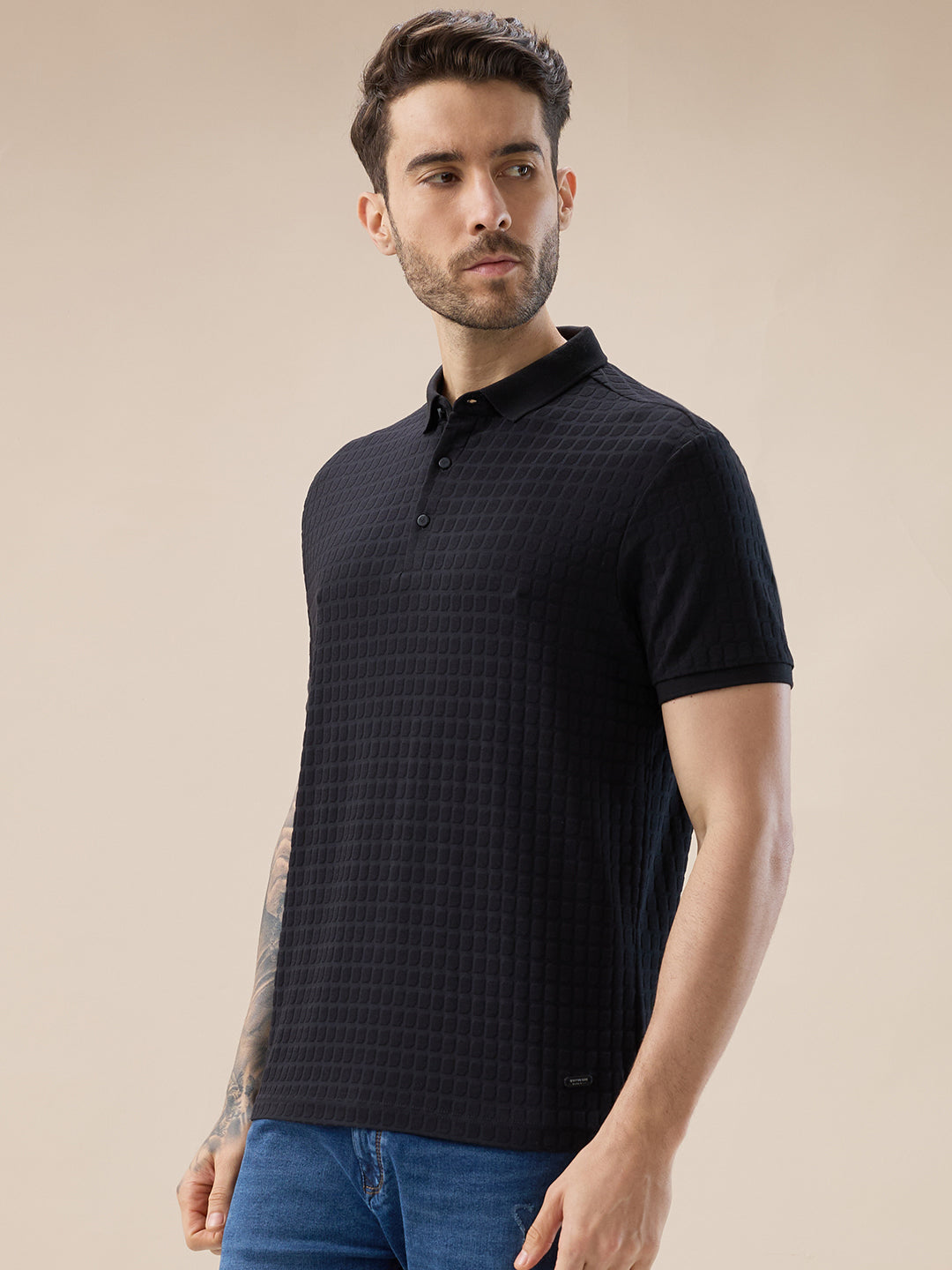 Mens Solid Box Textured Half Sleeves Regular Fit Polo T-Shirt