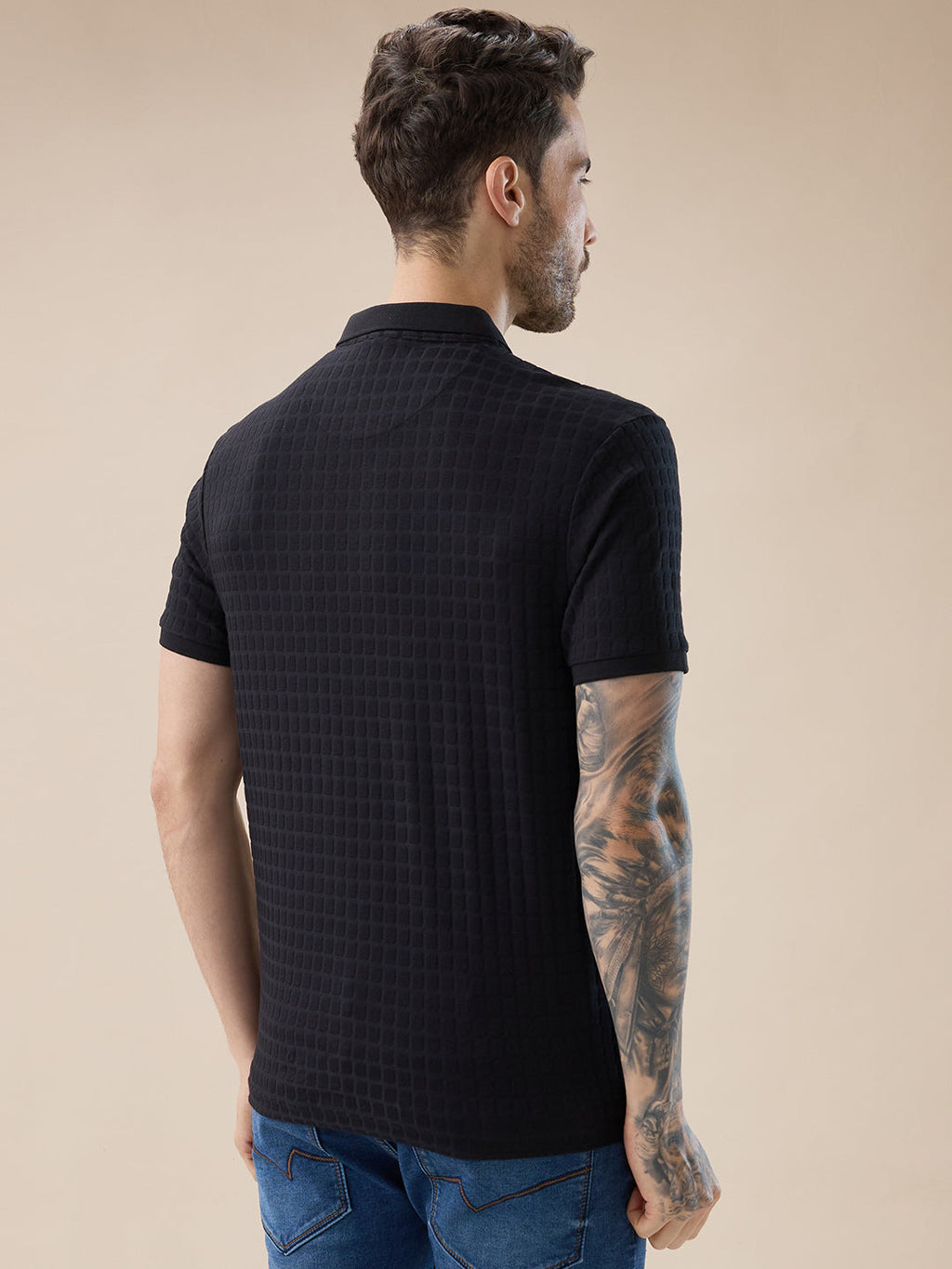 Mens Solid Box Textured Half Sleeves Regular Fit Polo T-Shirt