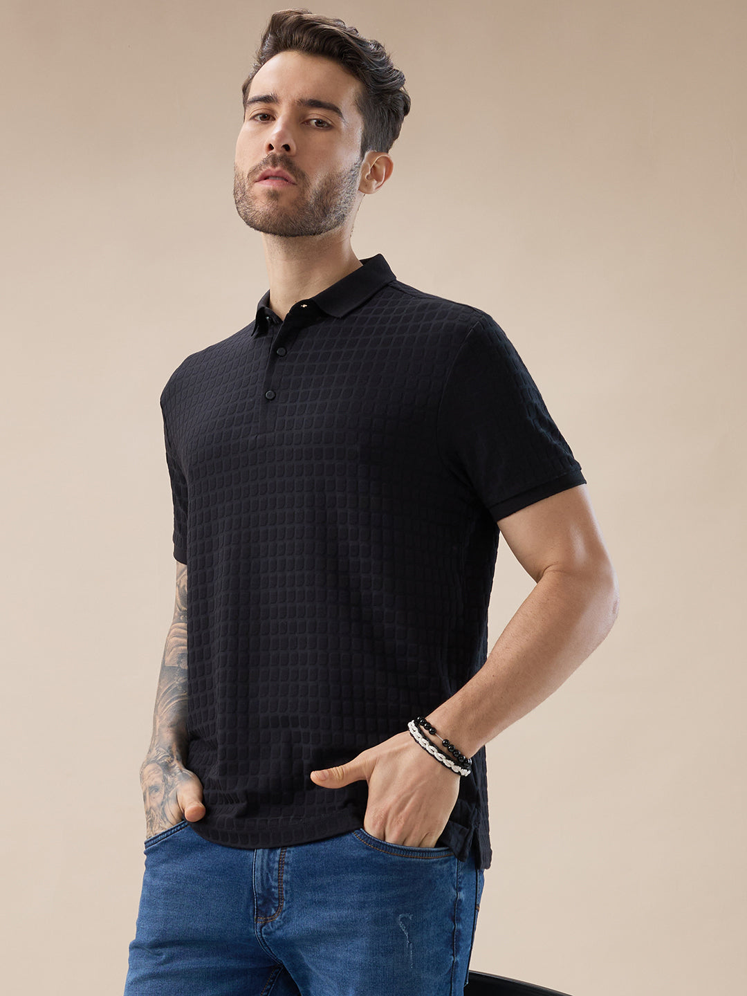 Mens Solid Box Textured Half Sleeves Regular Fit Polo T-Shirt