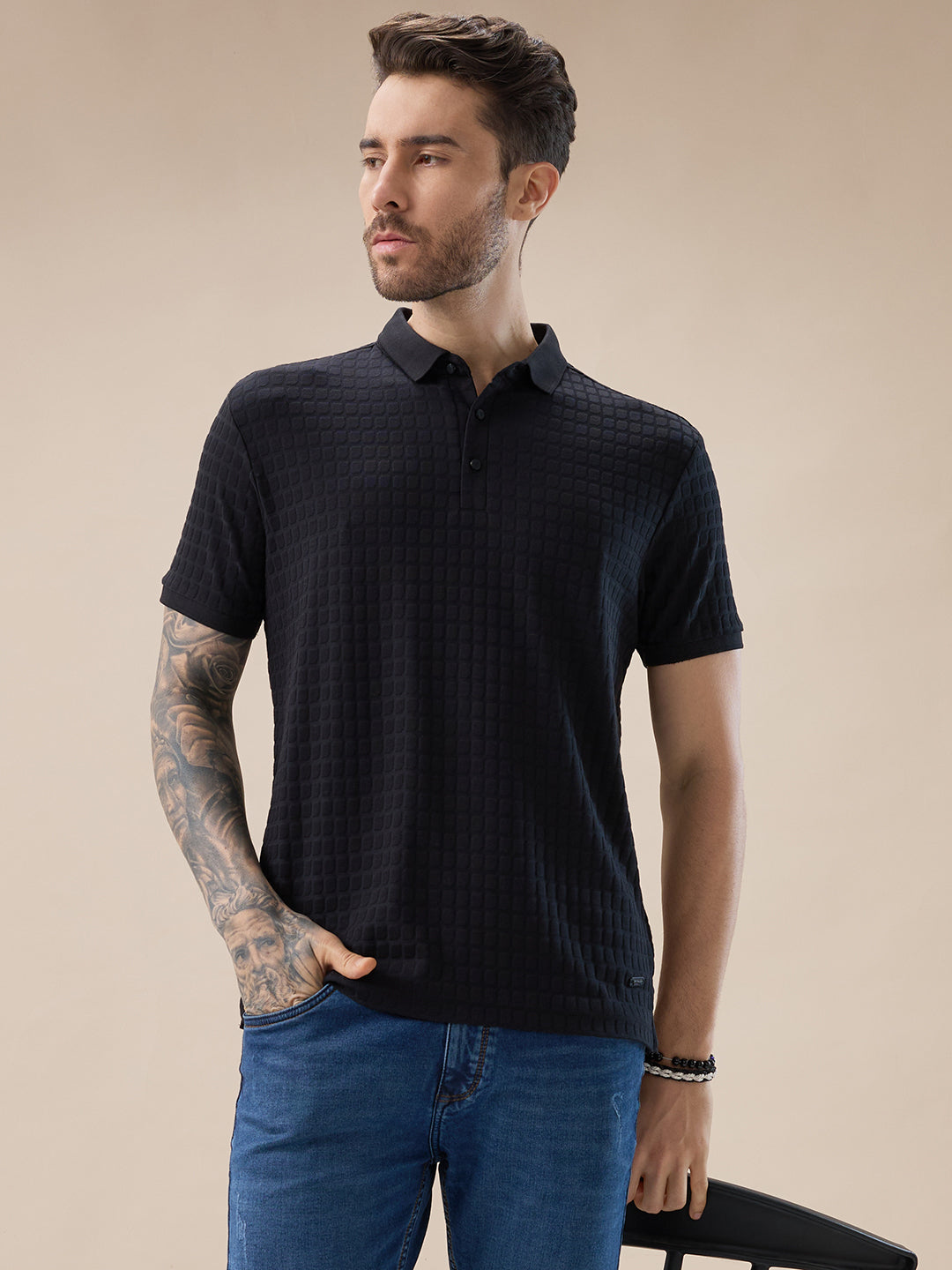 Mens Solid Box Textured Half Sleeves Regular Fit Polo T-Shirt