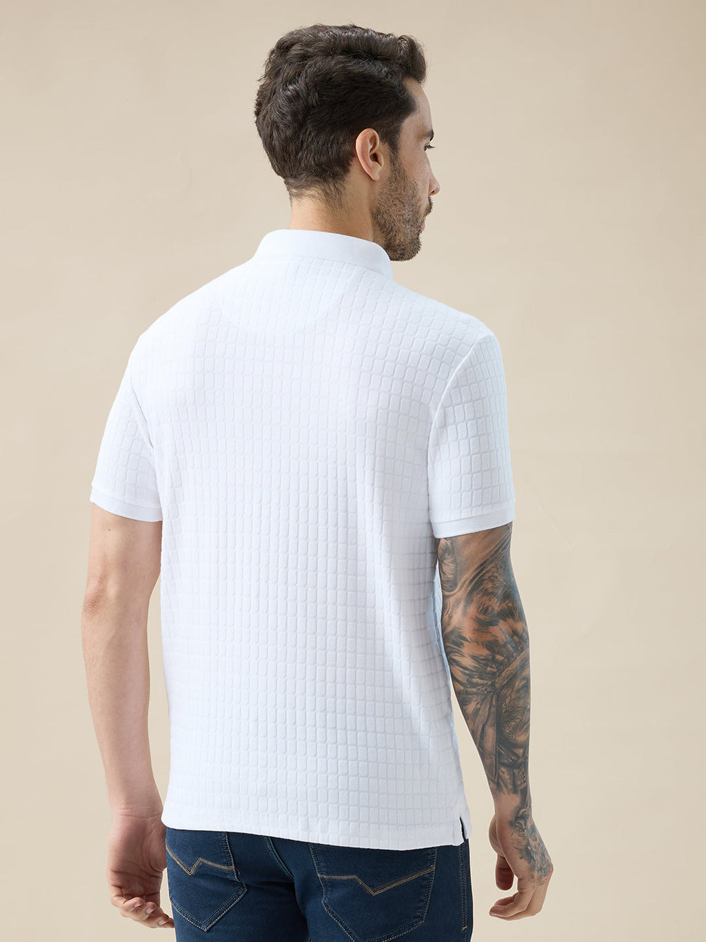 Men's Solid Textured Half Sleeves Regular Fit Polo Tshirt