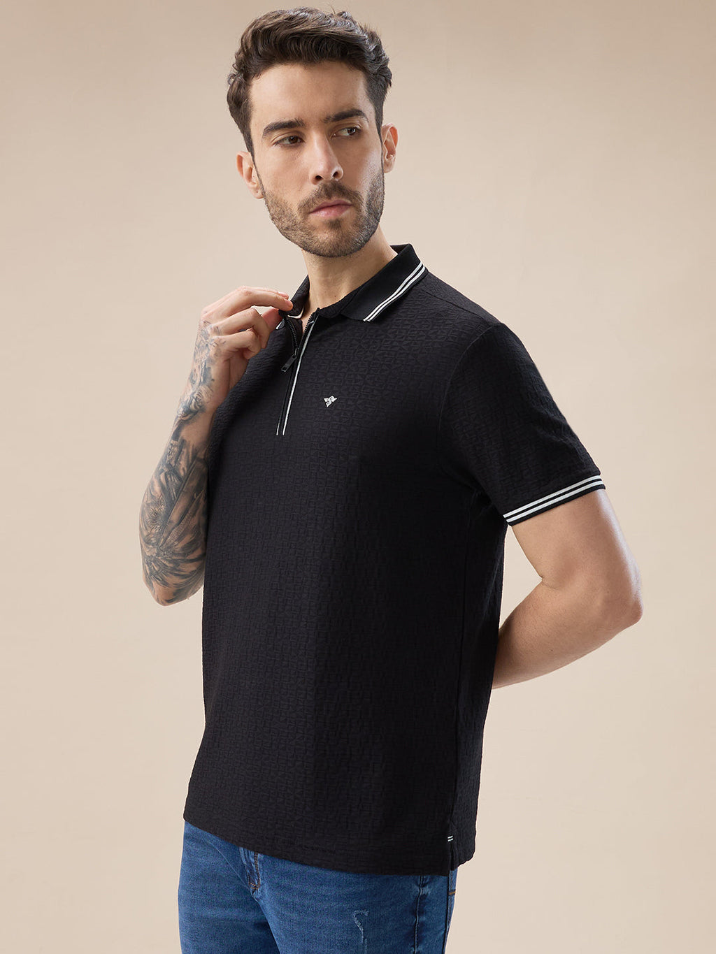 Men's Solid Textured Half Sleeves Polo Tshirt With Haf zipper and tipping Details