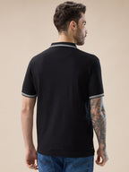 Men's Solid Textured Half Sleeves Polo Tshirt With Haf zipper and tipping Details