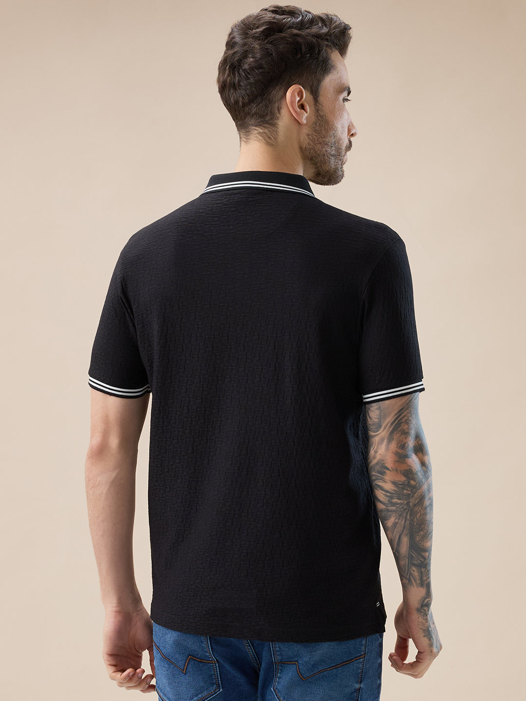 Men's Solid Textured Half Sleeves Polo Tshirt With Haf zipper and tipping Details