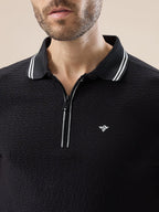 Men's Solid Textured Half Sleeves Polo Tshirt With Haf zipper and tipping Details