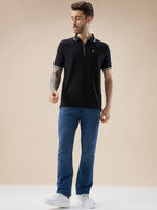 Men's Solid Textured Half Sleeves Polo Tshirt With Haf zipper and tipping Details