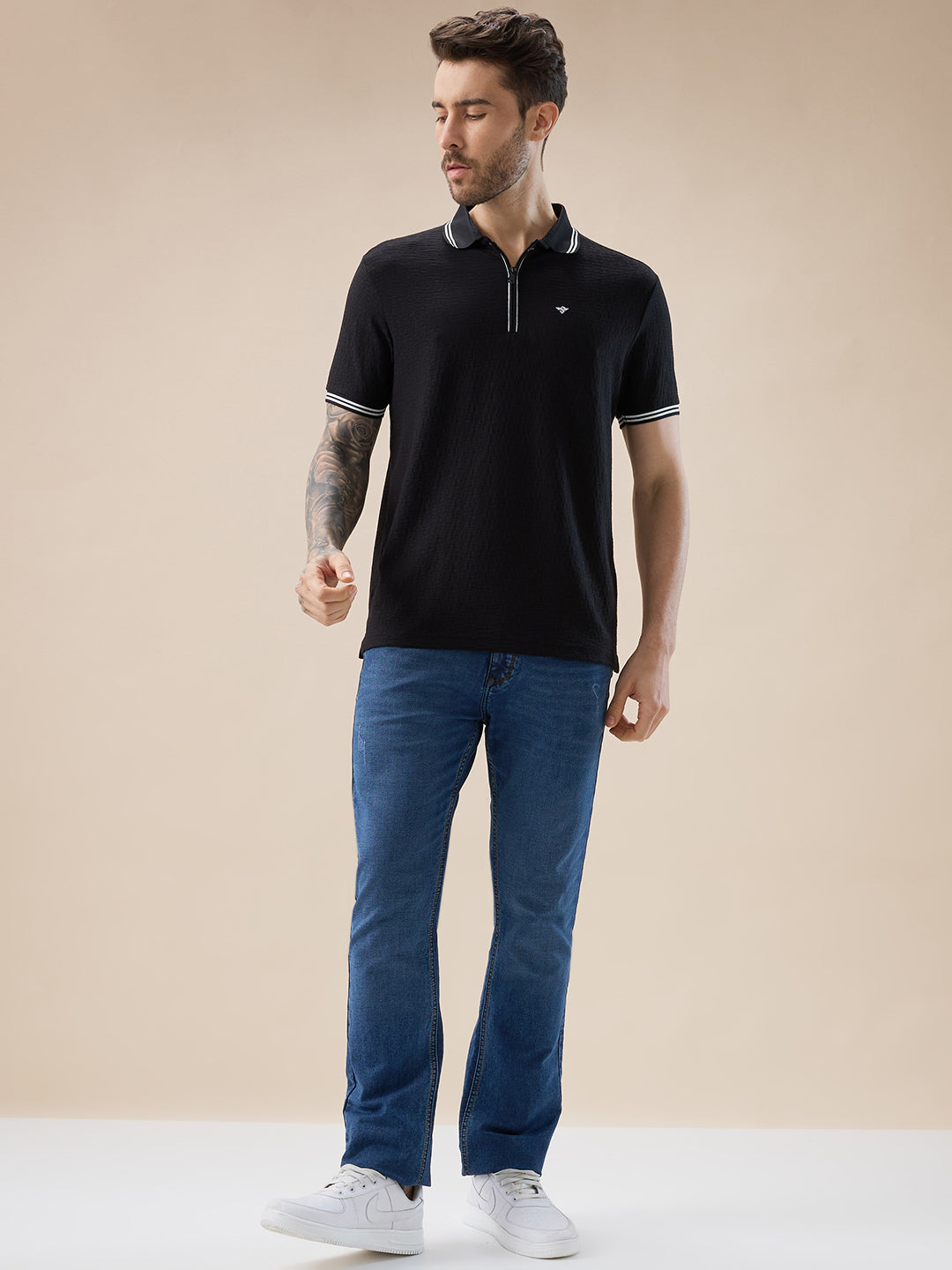 Men's Solid Textured Half Sleeves Polo Tshirt With Haf zipper and tipping Details