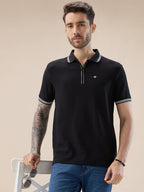 Men's Solid Textured Half Sleeves Polo Tshirt With Haf zipper and tipping Details