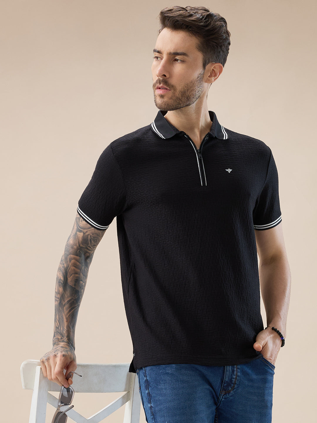 Men's Solid Textured Half Sleeves Polo Tshirt With Haf zipper and tipping Details