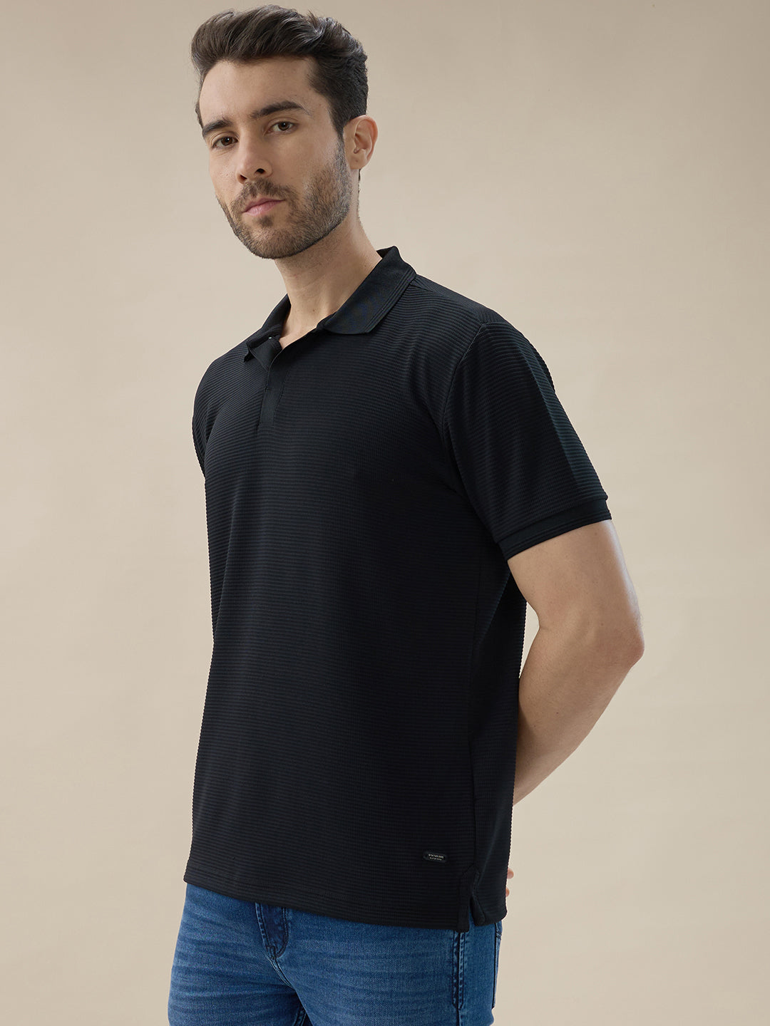 Men’s Solid Textured Regular Fit Half Sleeve Polo T-Shirt with No-Button Placket Secondary image