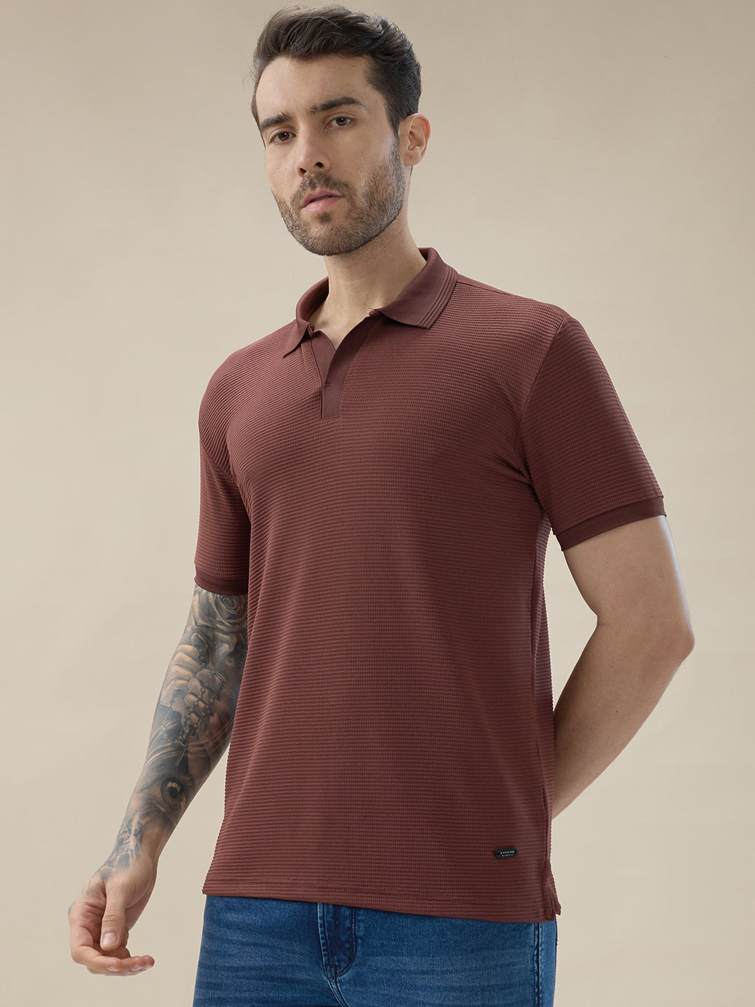 Men’s Solid Textured Regular Fit Half Sleeve Polo T-Shirt with No-Button Placket Secondary image