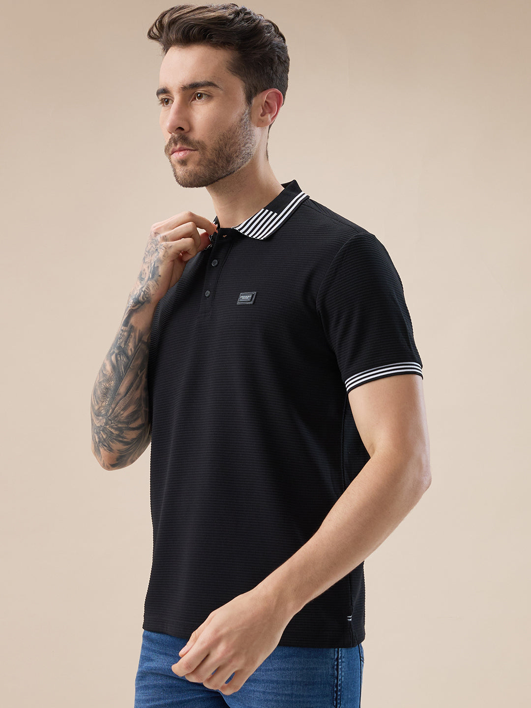 Men's Waffle Textured Half Sleeves Polo T Shirt with Tipping Details
