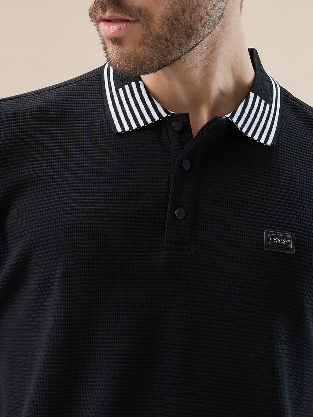 Men's Waffle Textured Half Sleeves Polo T Shirt with Tipping Details