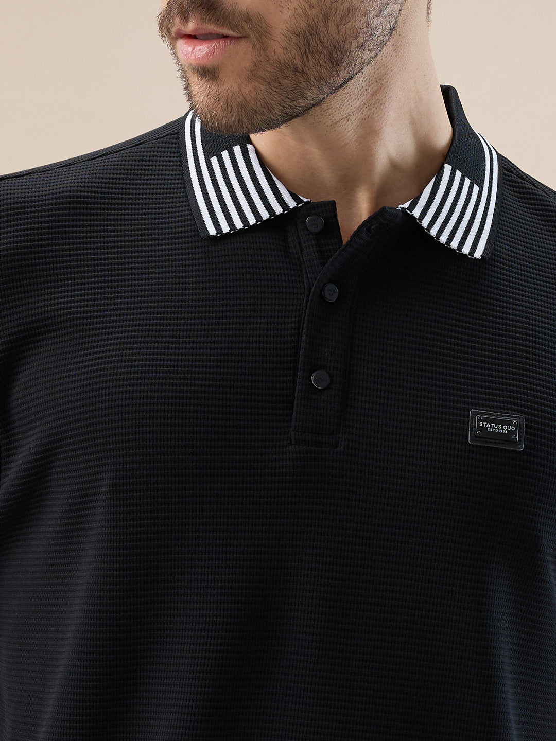 Men's Waffle Textured Half Sleeves Polo T Shirt with Tipping Details
