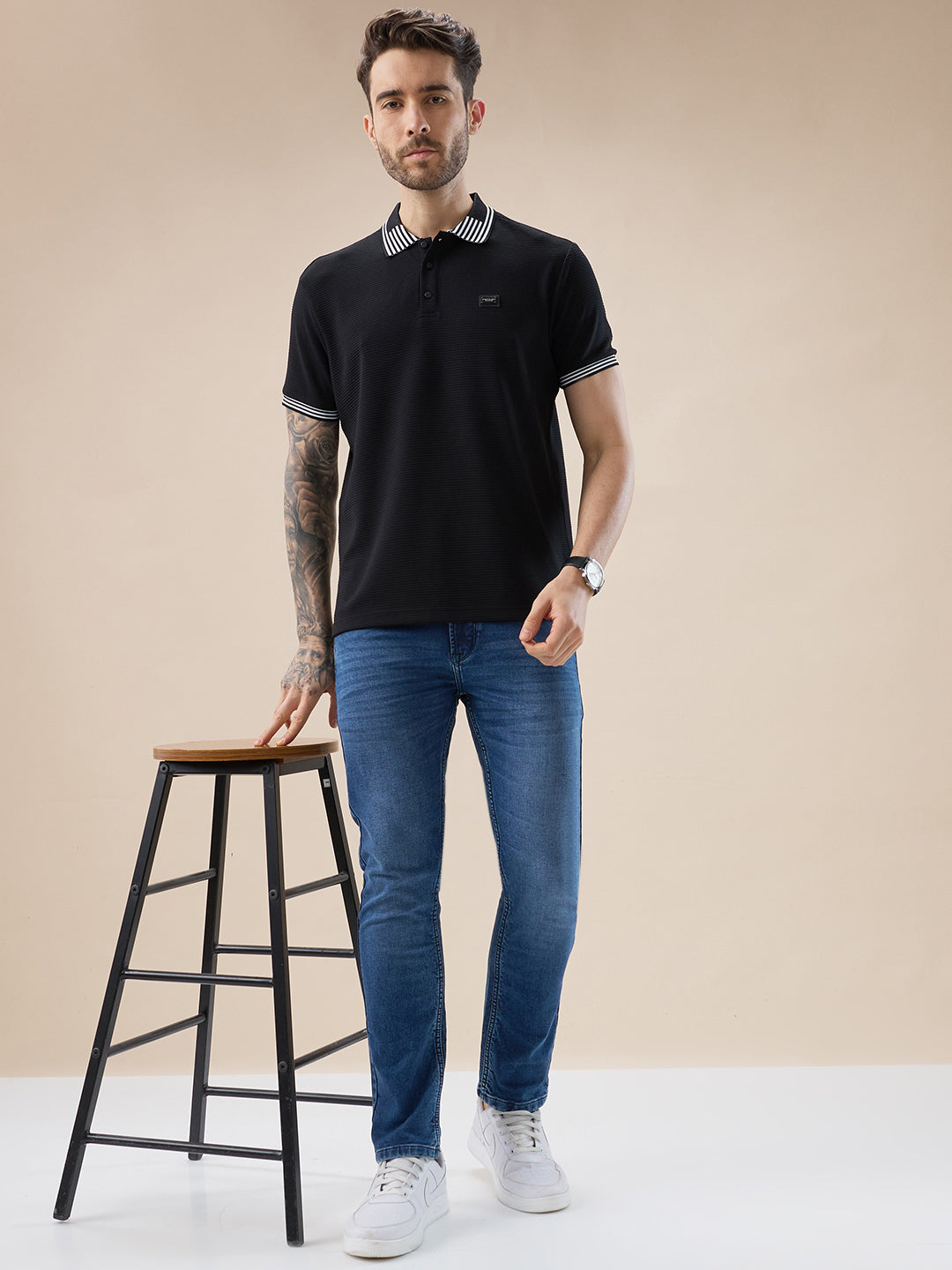 Men's Waffle Textured Half Sleeves Polo T Shirt with Tipping Details