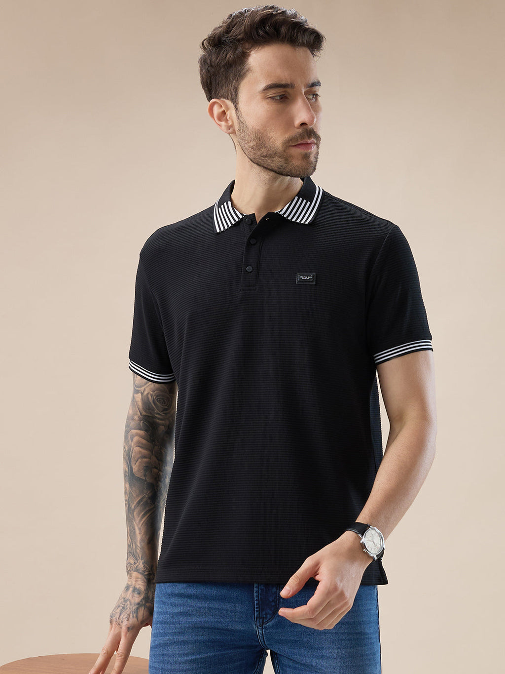 Men's Waffle Textured Half Sleeves Polo T Shirt with Tipping Details