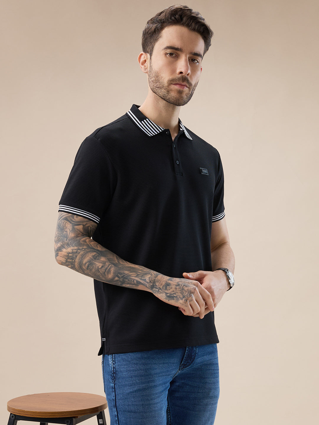 Men's Waffle Textured Half Sleeves Polo T Shirt with Tipping Details