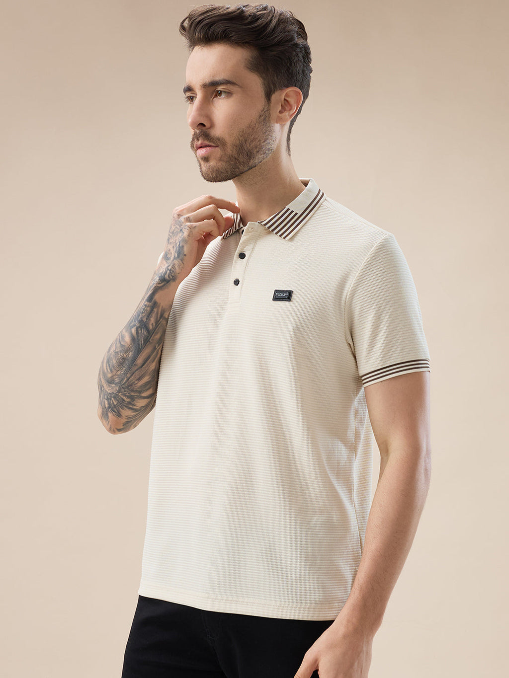 Men's Waffle Textured Half Sleeves Polo T Shirt with Tipping Details