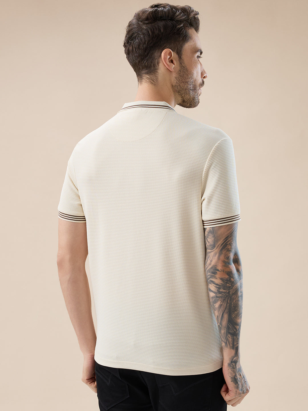Men's Waffle Textured Half Sleeves Polo T Shirt with Tipping Details
