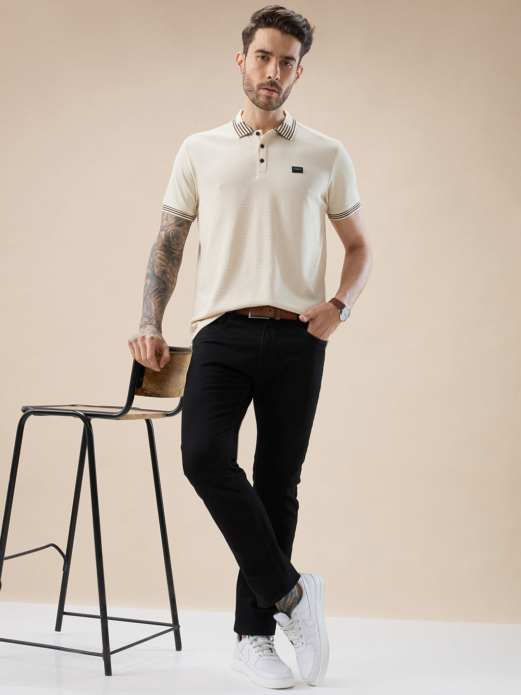Men's Waffle Textured Half Sleeves Polo T Shirt with Tipping Details