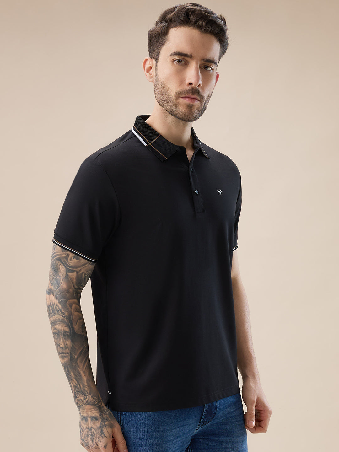 Men's Solid Half Sleeves Polo T-Shirt with Design Tipping Collar and Sleeves