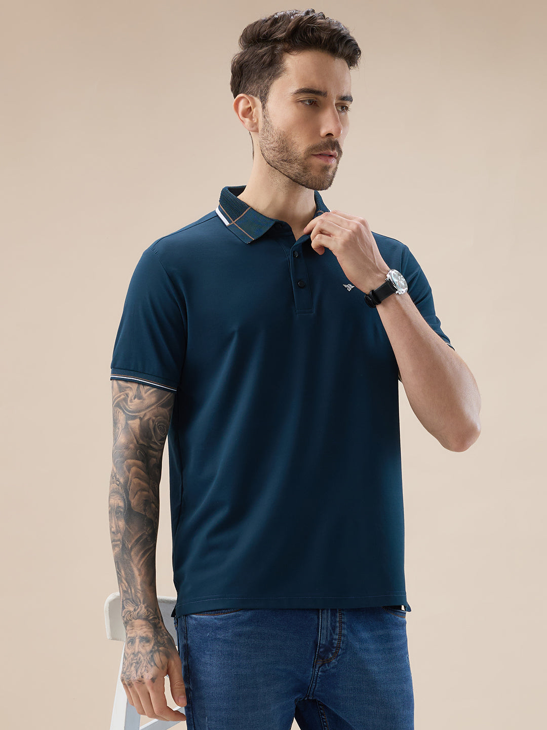 Men's Solid Half Sleeves Polo T-Shirt with Design Tipping Collar and Sleeves