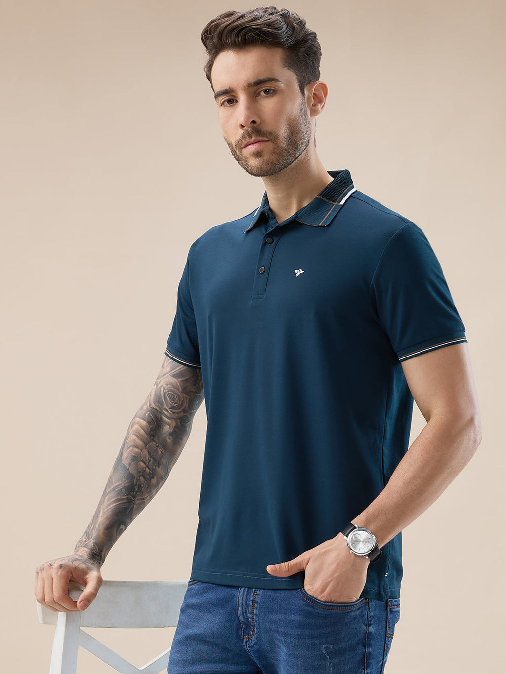 Men's Solid Half Sleeves Polo T-Shirt with Design Tipping Collar and Sleeves