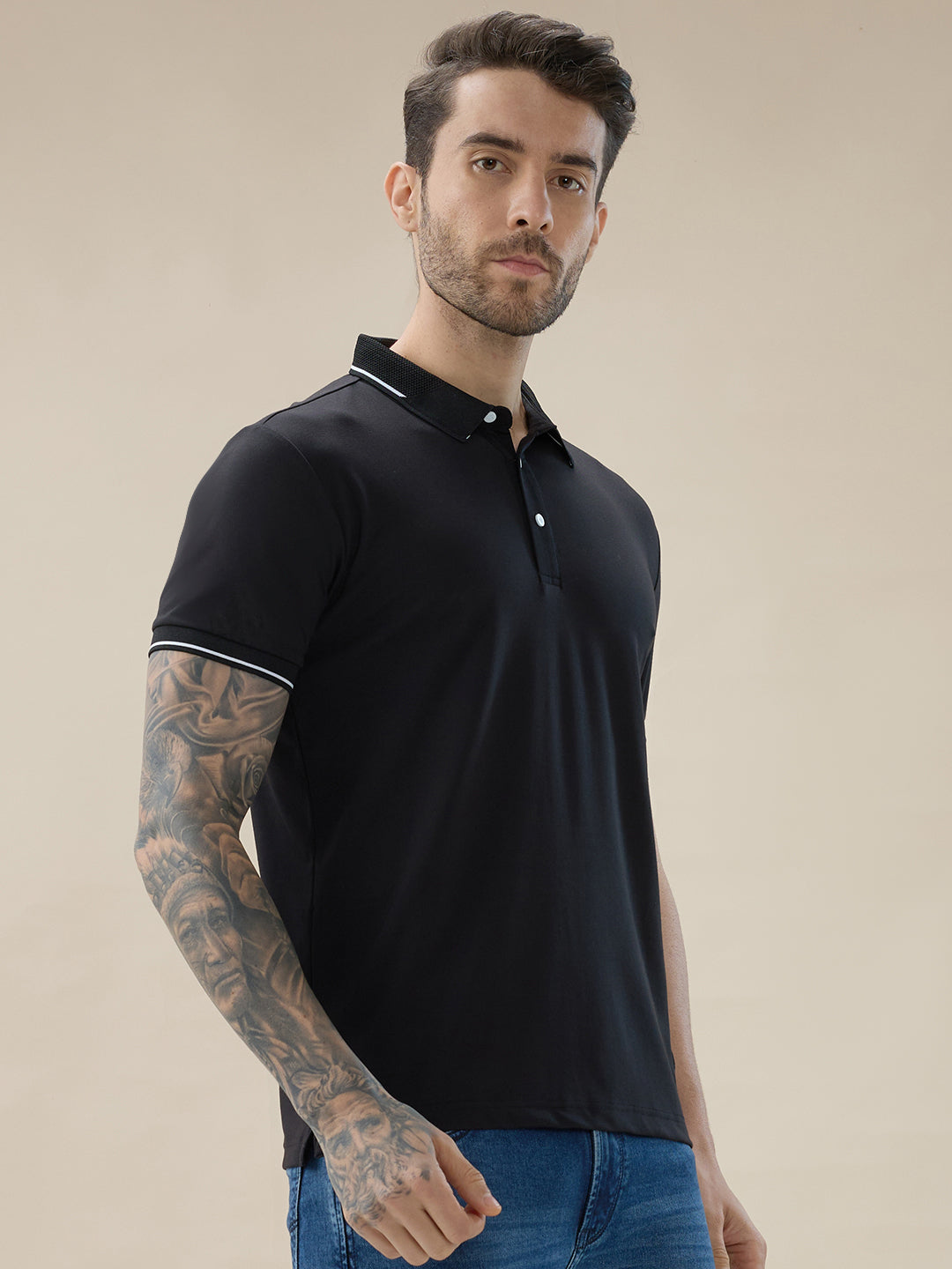 Men's Solid Polo Regular Fit Half Sleeves T-Shirt with Contrast Tipping