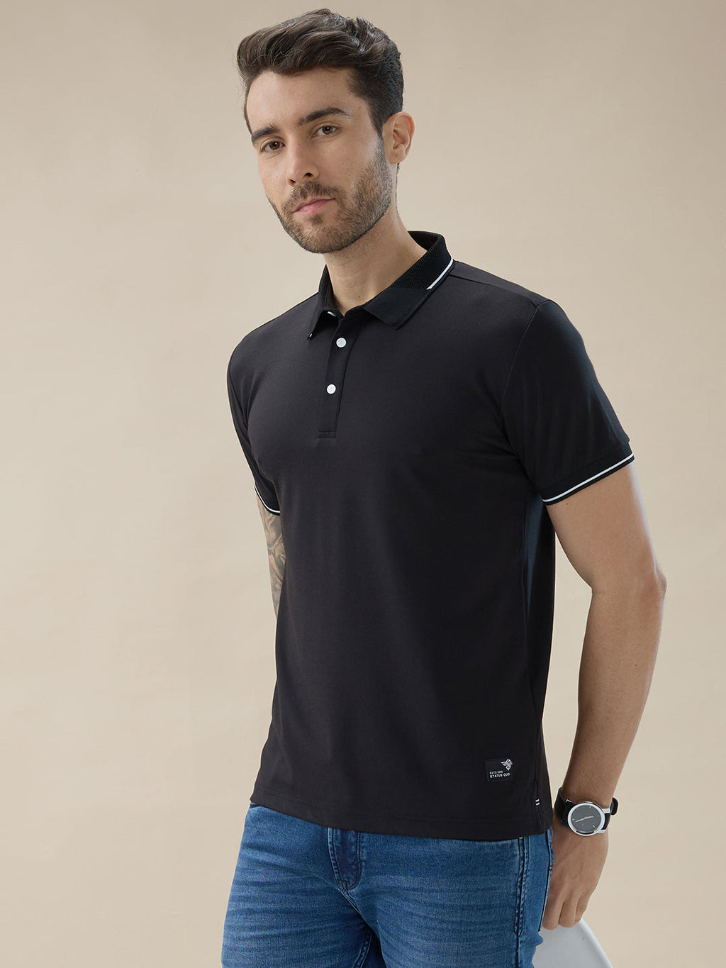 Men's Solid Polo Regular Fit Half Sleeves T-Shirt with Contrast Tipping