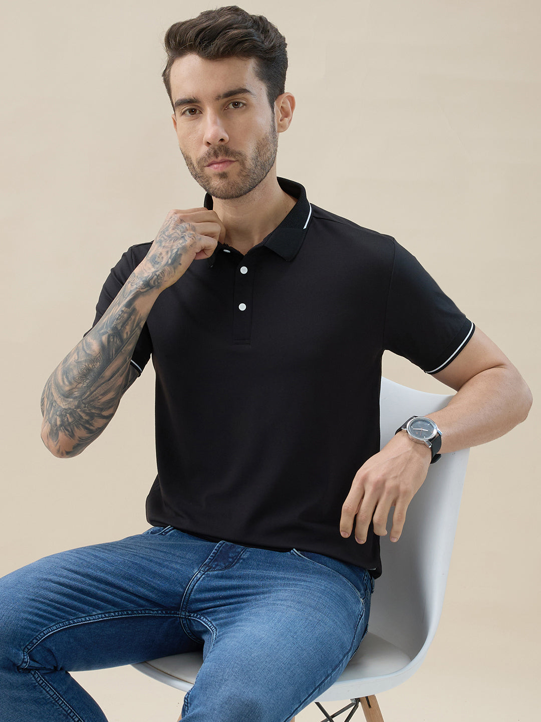 Men's Solid Polo Regular Fit Half Sleeves T-Shirt with Contrast Tipping