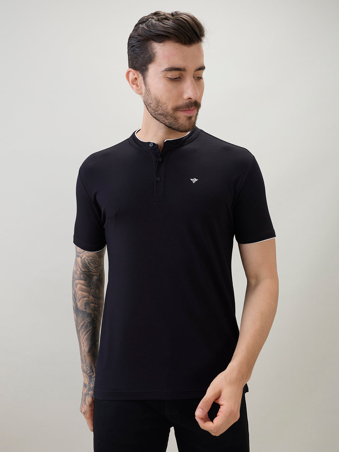 Men's Regular Fit Henley T-Shirt Half Slevees with Button Closure and Logo