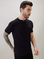 Mens Regular Fit Henley T-Shirt Half Slevees with Button Closure and Logo