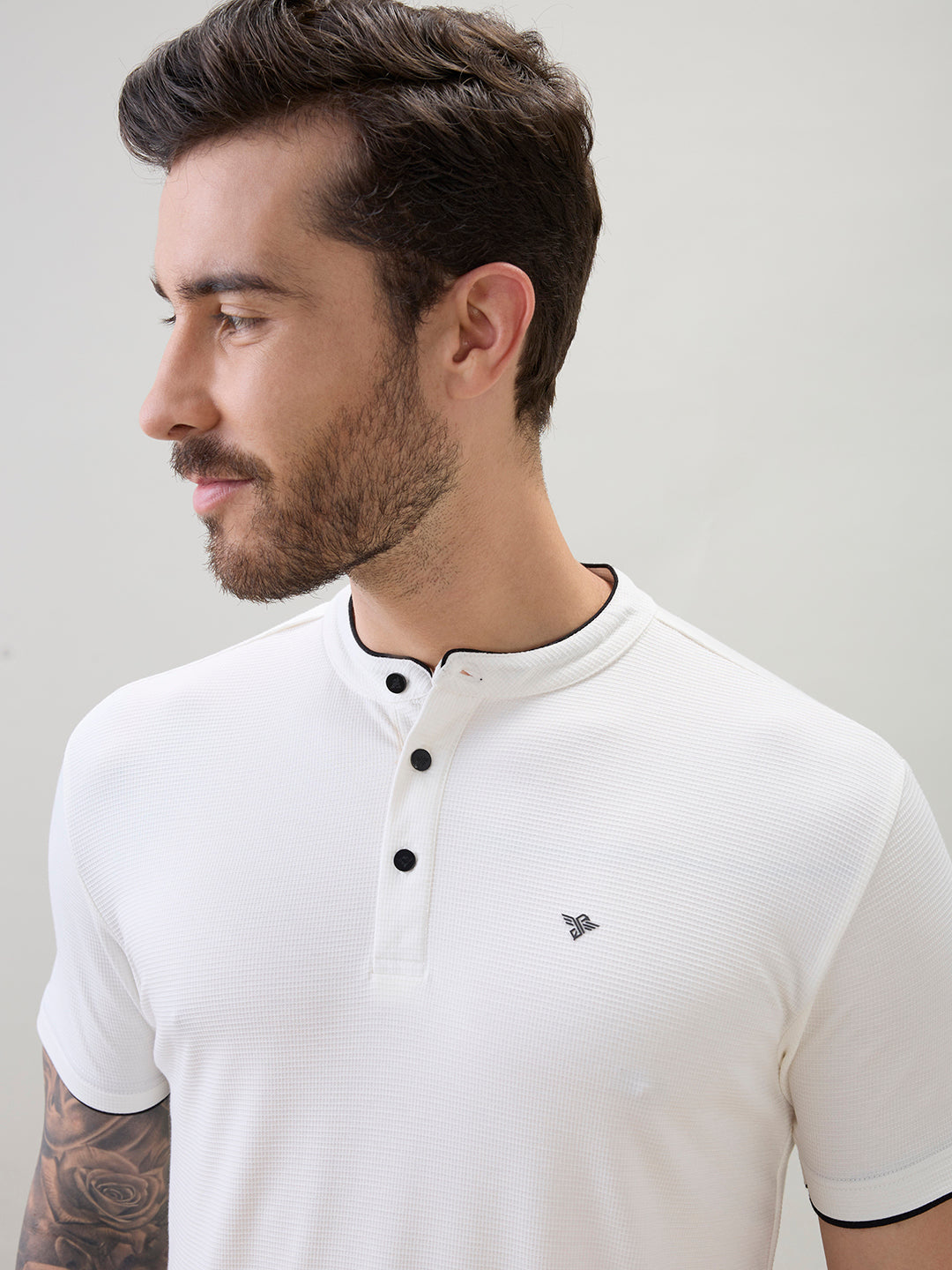Men's Regular Fit Henley T-Shirt Half Slevees with Button Closure and Logo