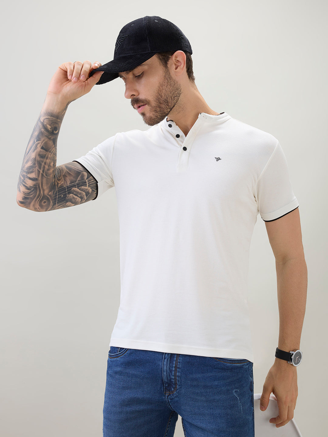 Men's Regular Fit Henley T-Shirt Half Slevees with Button Closure and Logo