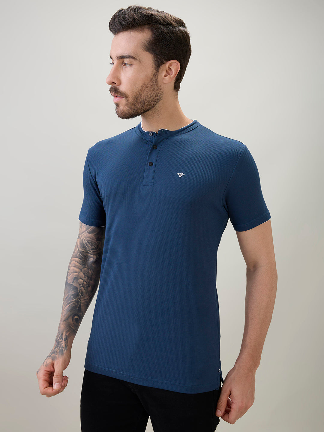 Men's Regular Fit Henley T-Shirt Half Slevees with Button Closure and Logo Secondary image