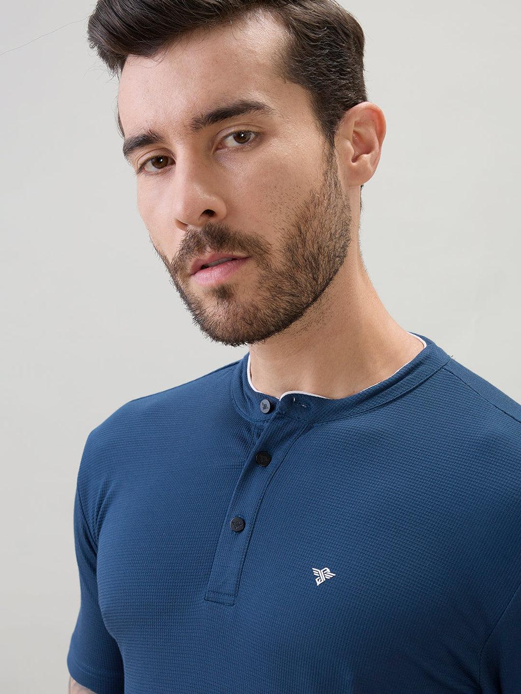 Men's Regular Fit Henley T-Shirt Half Slevees with Button Closure and Logo